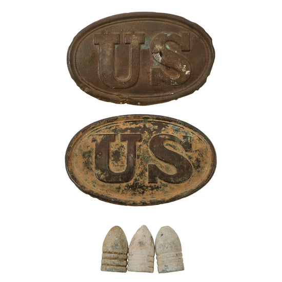 Original U.S. Civil War Relic Lot with Cartridge Box Plates and Bullets - Five Items Total Original Items