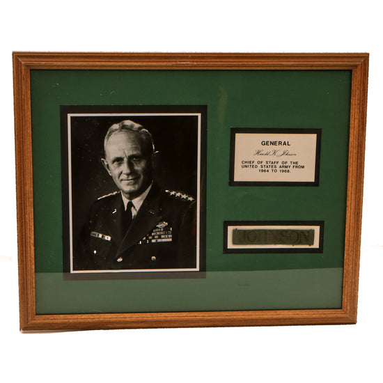 Original U.S. Vietnam War Framed Nametape of General Harold Keith Johnson - Chief of Staff of Army 1964-1968 - 17 ⅜ x 21 ⅜” Original Items