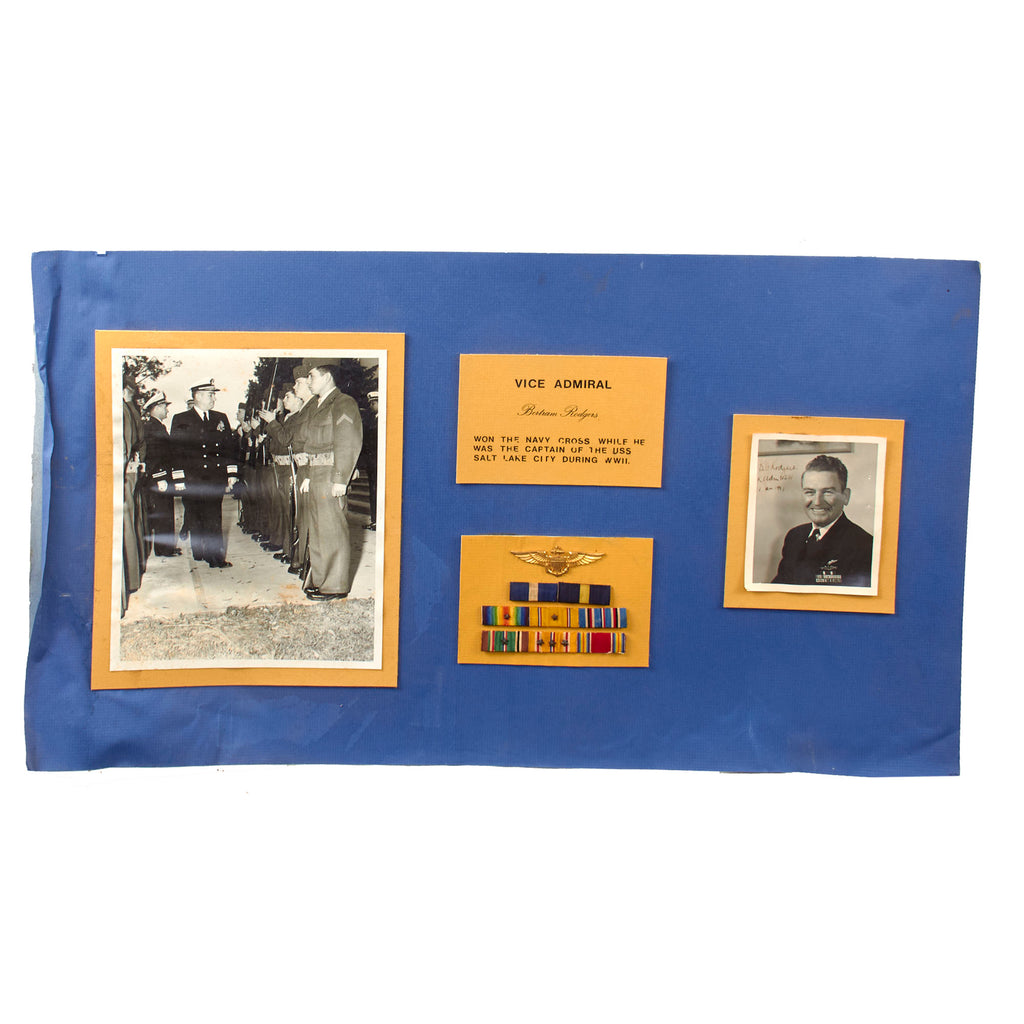 Original U.S. WWII Vice Admiral Bertram Rodgers Mounted Ribbon Bar & Pilot’s Wings with Photographs for Framing - 16 x 27 ½” Original Items