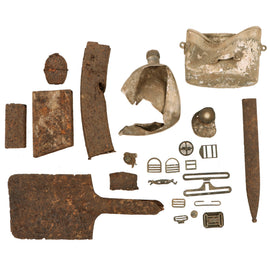 Original U.S. & German WWII Battle of the Bulge Battlefield Pickup Relic Lot: BAR & M1 Carbine Magazines, Shrapnel-Damaged German STG 44 Magazine, K98 Bayonet Scabbard & Shovel Head - Inert