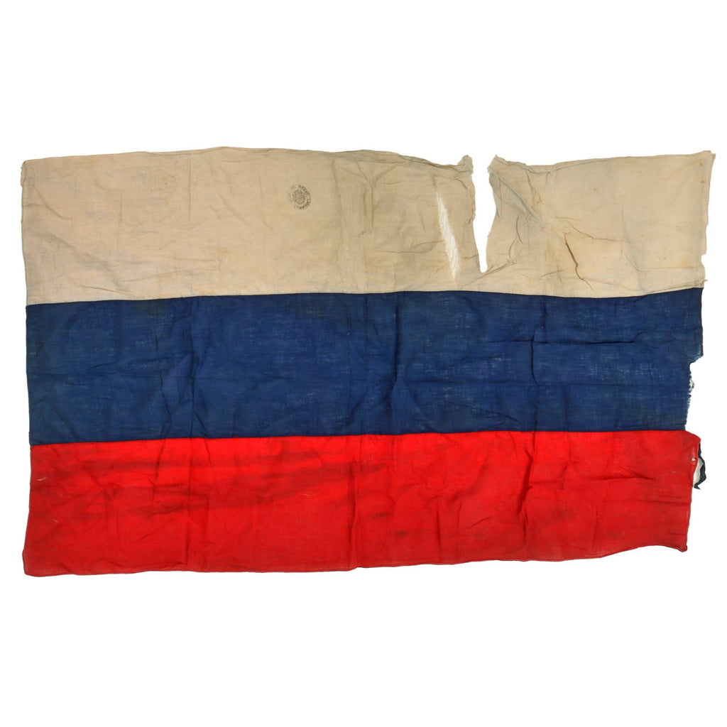 Original Imperial Russian WWI French-Made Russian Tri-Color Flag with Brest Stamp & Tearing - 27 x 43” Original Items