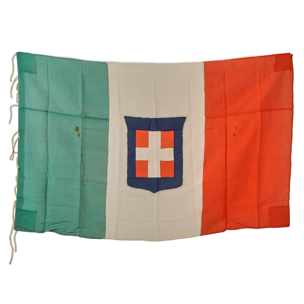 Original Italian WWI Multi-Piece Silk Kingdom of Italy Flag With Multi-Piece Stitched Savoy Coat of Arms and Tie Strings - 36 x 56” Original Items