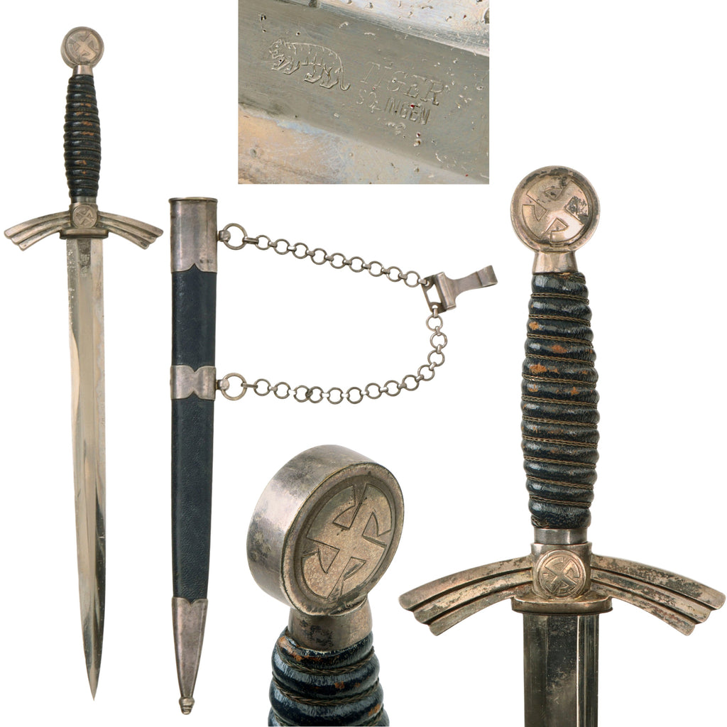 Original German WWII Early 1st Model Luftwaffe Dagger by TIGER Lauterjung & Co. with Chain & Belt Clip Original Items