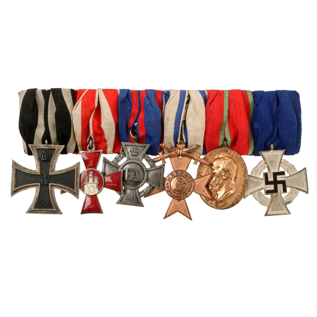 Original German WWI Era Medal Bar with 1914 EKII, City of Hamburg Hanseatic Cross & Bavarian Merenti Cross of Military Merit with Swords - 6 Awards Original Items