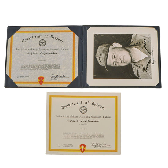 Original U.S. Vietnam War Certificates of Appreciation for USO Entertainers Jane Jarvis & Susan McGuire Signed by Creighton Abrams with Signed Photo Original Items