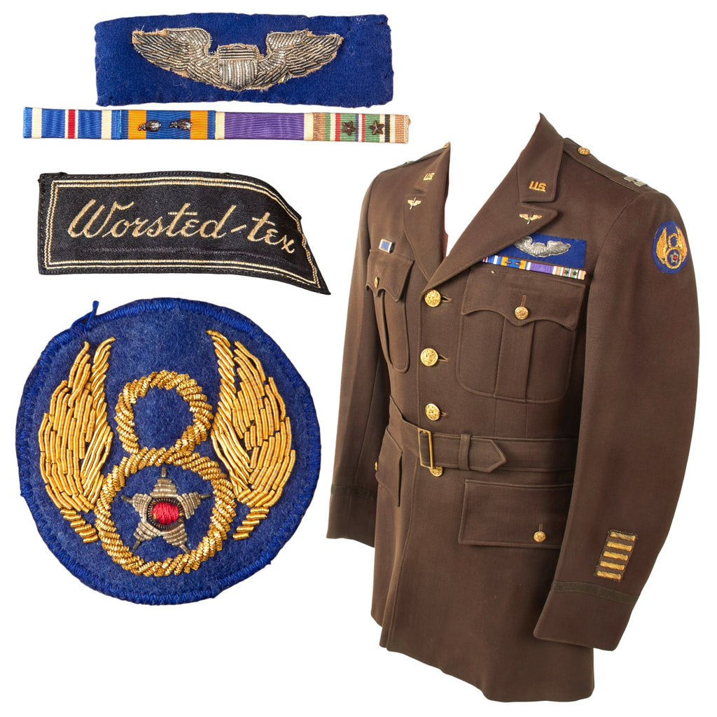 Original U.S. WWII 8th Air Force Captain Officer’s British-Made Ike Jacket with Bullion Pilot Wings on Blue “Combat Crew” Field & English-Made Bullion SSI Original Items
