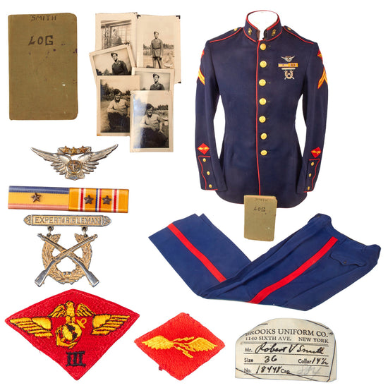 Original U.S. WWII USMC Aircrew Radioman Dress Uniform with Mission Log & Star-Embedded Aircrew Wings - Corporal Robert V. Smith, 3rd Marine Air Wing Original Items