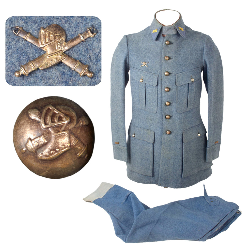 Original French WWI Armored Tanker Lieutenant Officer’s Horizon Blue Wool Uniform Set with Stitched Armor Badge & Replaced Collar Tabs Original Items