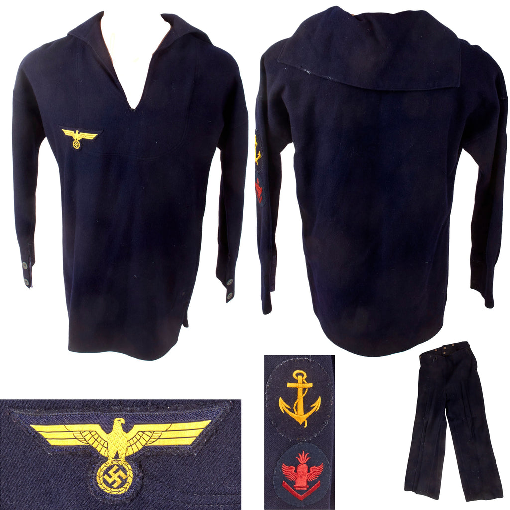 Original German WWII Kriegsmarine Navy Flak Gun Leader Bootsmannmaat Petty Officer Blue Wool Uniform Jumper & Trousers Original Items