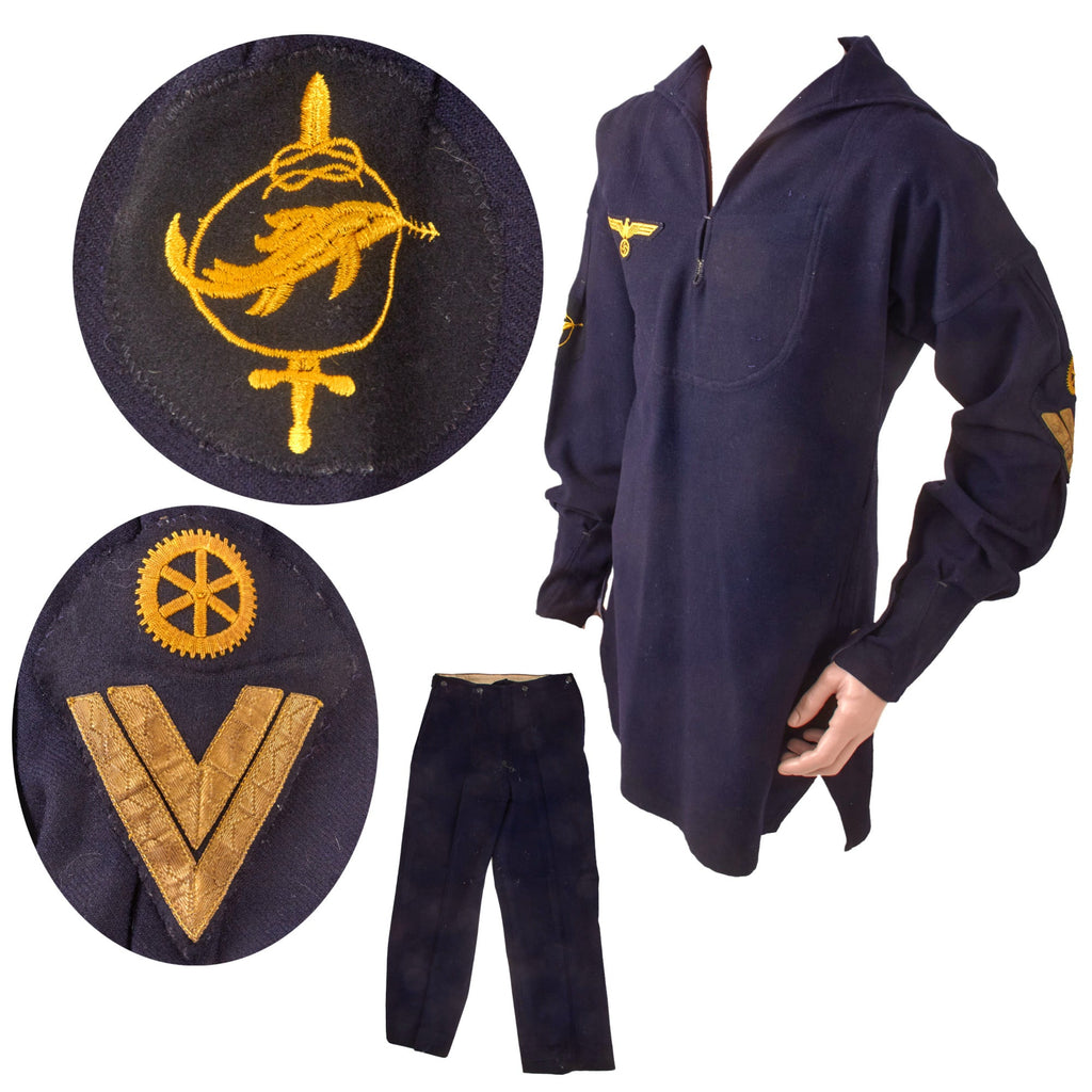 Original German WWII Kriegsmarine Navy Maschinenobergefreiter Enlisted Blue Wool Uniform Jumper & Trousers with Small Combat Unit Badge Original Items