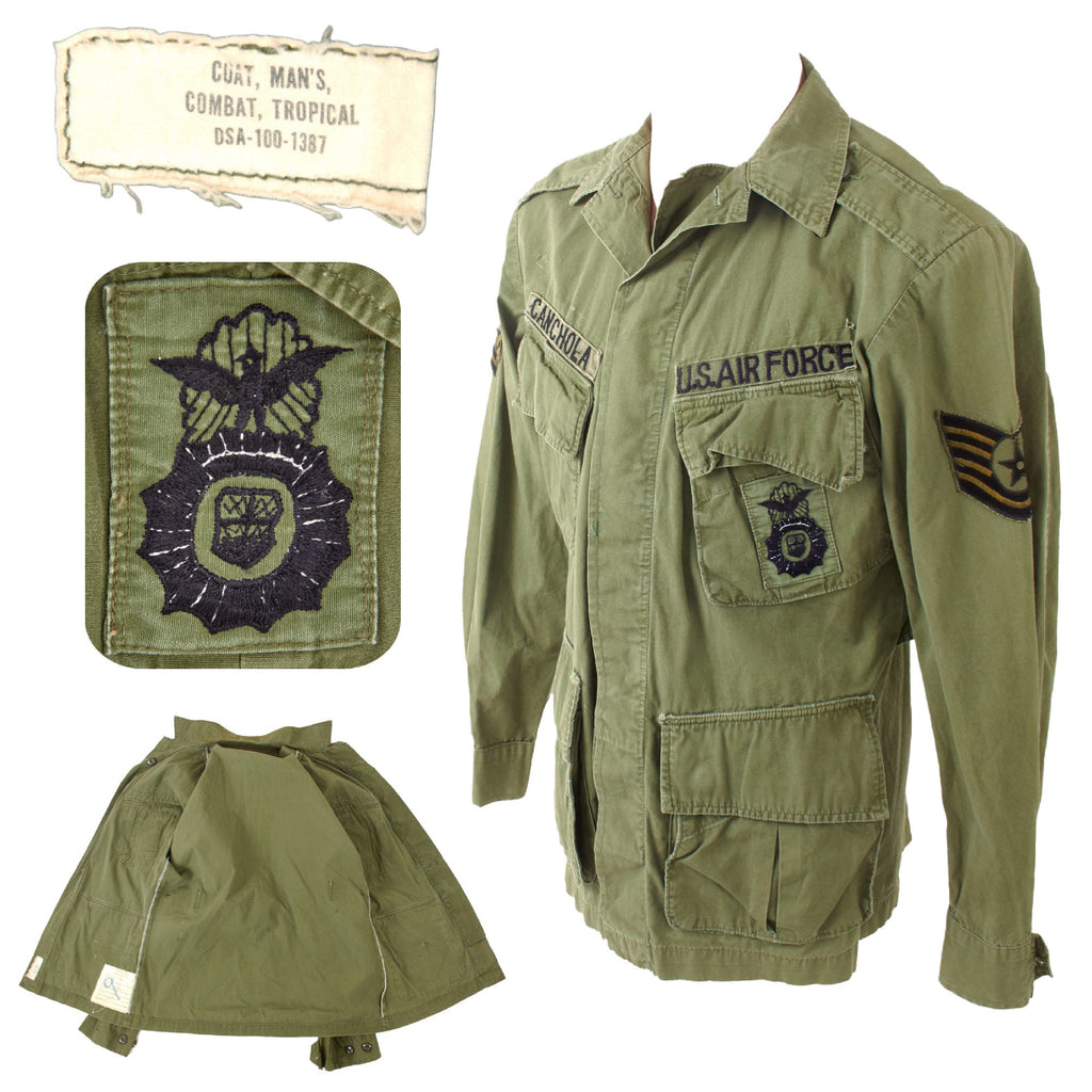 Original U.S. Vietnam Air Force Poplin Jungle Fatigue Shirt with “Incountry” Vietnamese-Made USAF Security Police Insignia Original Items