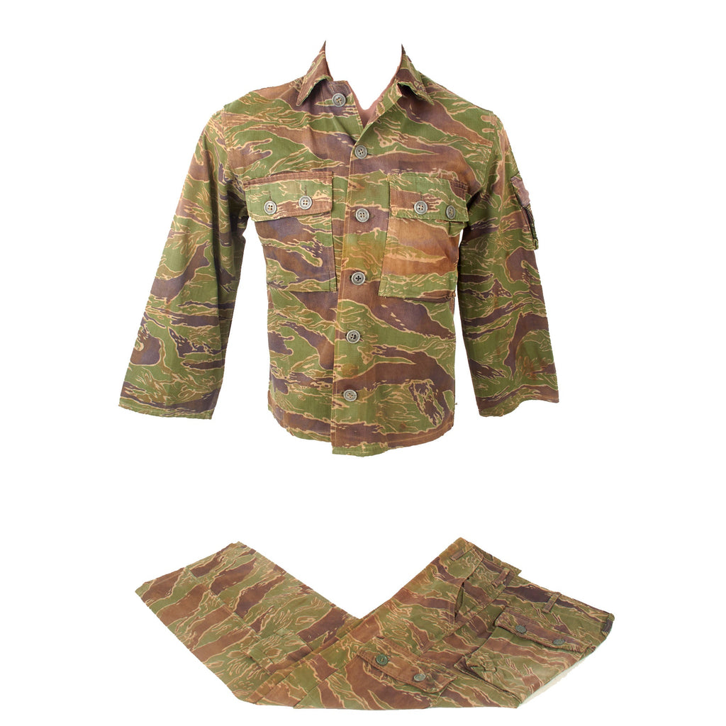 Original South Vietnamese Vietnam War AVRN Tigerstripe Tadpole Uniform Set Shirt & Pants with Markings & Field Repairs Original Items
