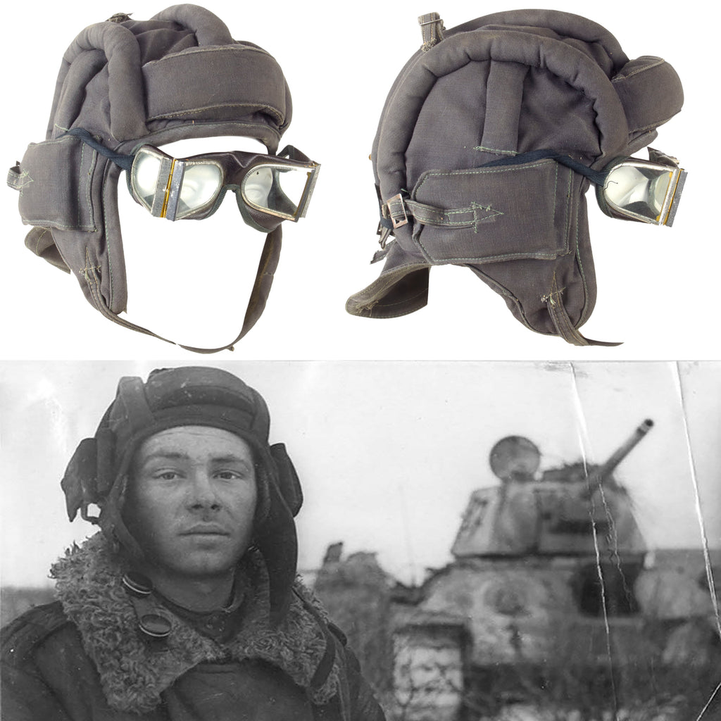 Original Soviet WWII TSh-4 Tanker Helmet with Goggles - Wartime Manufacture 55096 Original Items