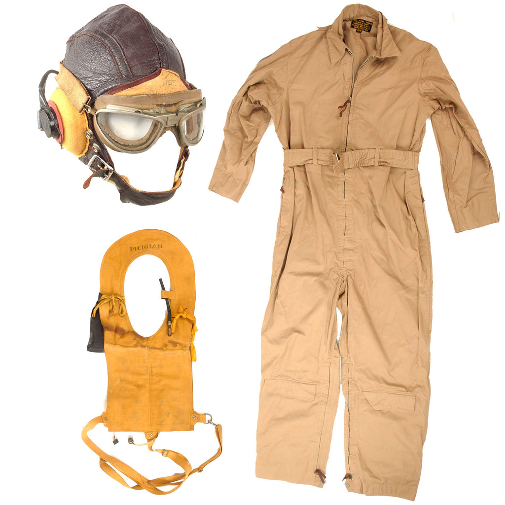 Original U.S. WWII Navy Pilot’s Uniform Lot with Summer Flight Suit, Flight Helmet with Avionics & Goggles, USN Marked Mae West Life Jacket with Shark Chaser Original Items