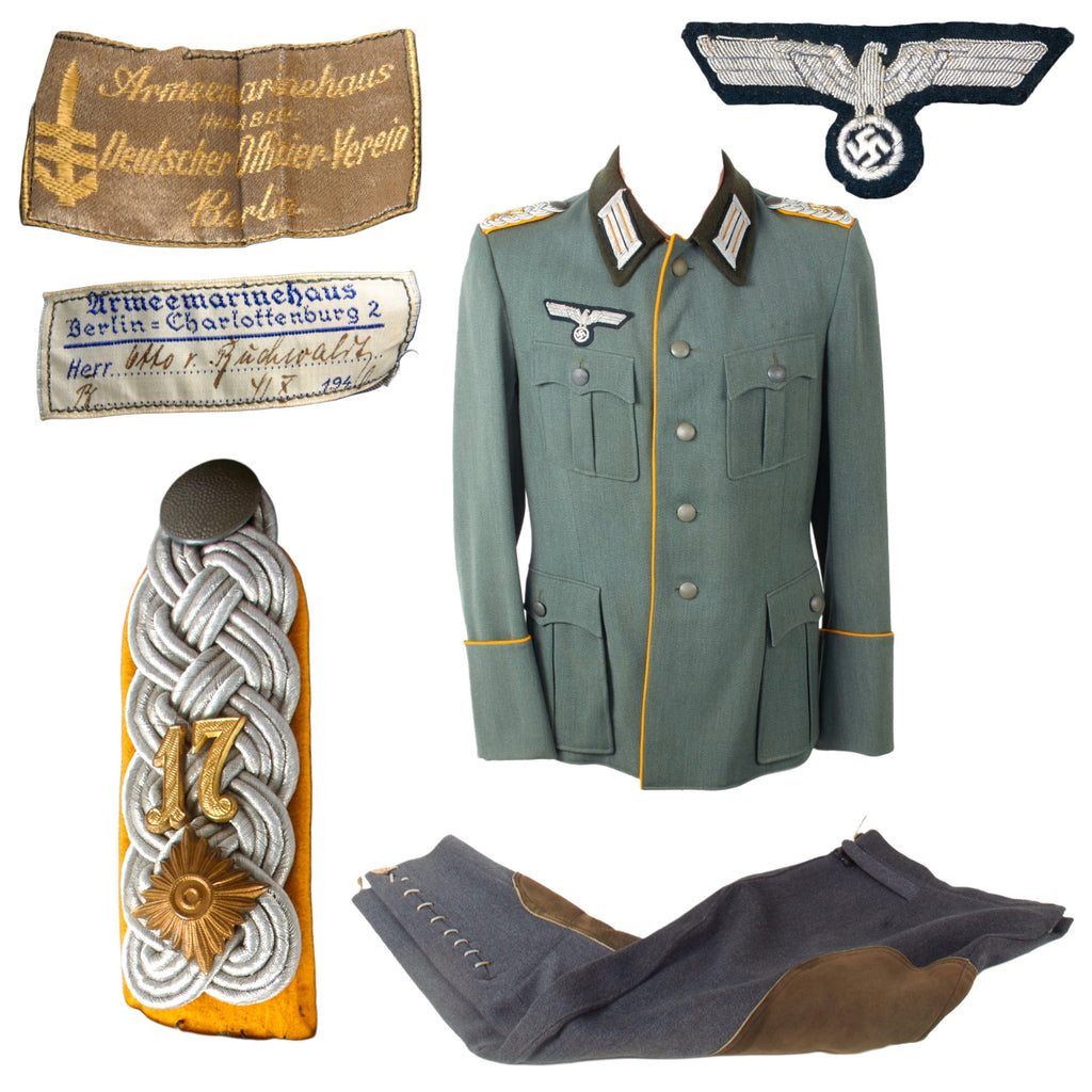 Original German WWII Heer Army Named 17th Cavalry Regiment Oberstleutnant Officer M36 Service Tunic with Leather Reinforced Breeches - Dated 1941 Original Items