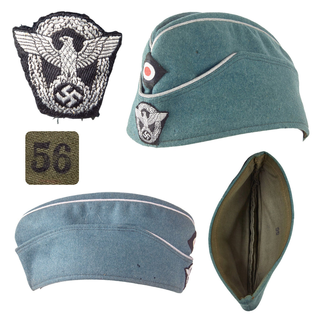 Original German WWII Schutzpolizei Protection Police Officer's M38 Overseas Cap in 56cm - Schiffchen Original Items