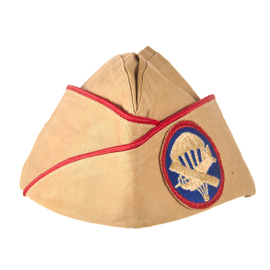 Original U.S. WWII Named Airborne Enlisted Khaki Garrison Cap with Artillery Piping & Paratrooper / Glider Patch - Joseph S. Gorski