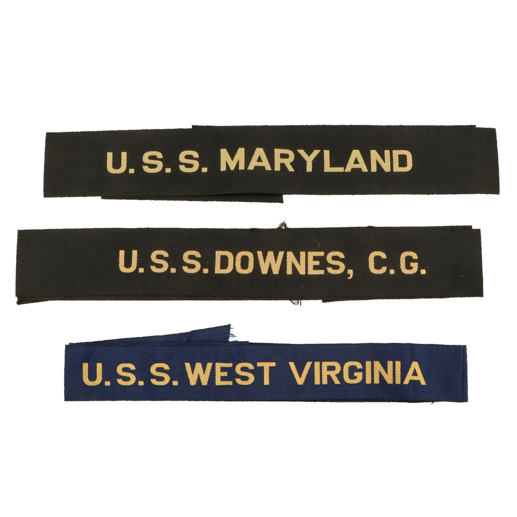 Original U.S. WWII Navy Ship Cap Tallies of Ships Related to Pearl Harbor - USS West Virginia, USS Downes, C.G., and USS Maryland - Lot of Three Original Items