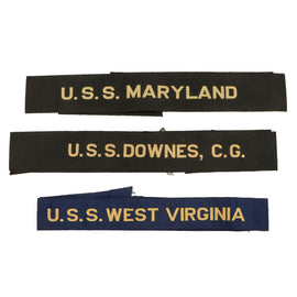Original U.S. WWII Navy Ship Cap Tallies of Ships Related to Pearl Harbor - USS West Virginia, USS Downes, C.G., and USS Maryland - Lot of Three