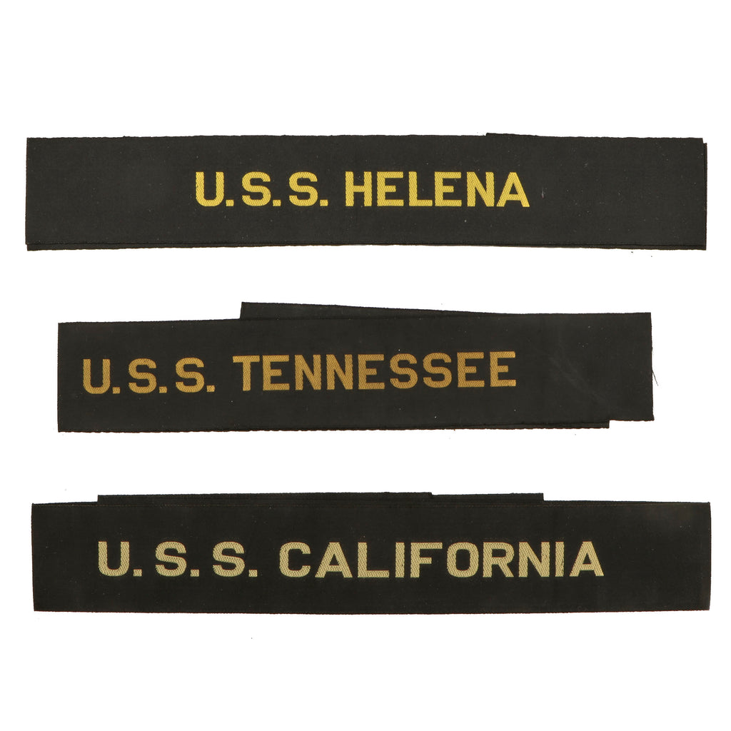 Original U.S. WWII Navy Ship Cap Tallies of Ships Related to Pearl Harbor - USS California, USS Helena, and USS Tennessee - Lot of Three Original Items
