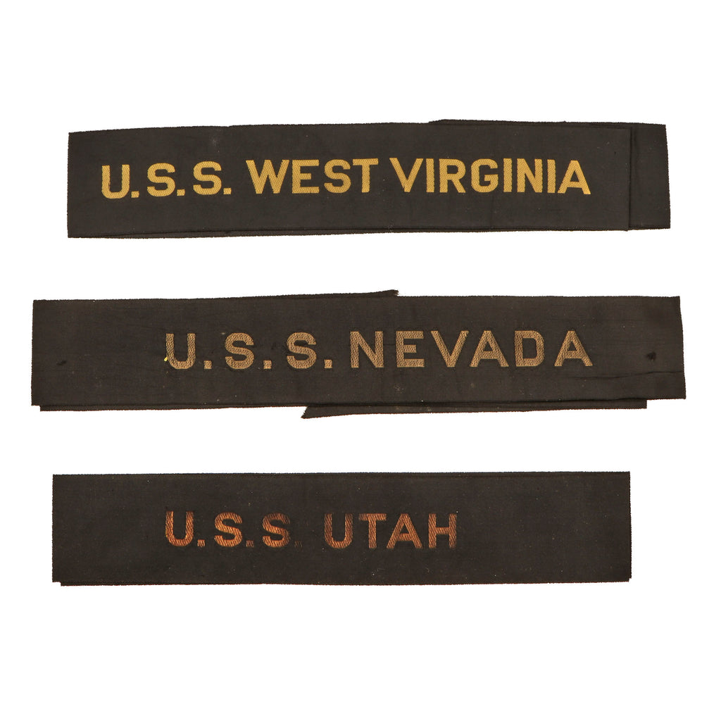 Original U.S. WWII Navy Ship Cap Tallies of Ships Related to Pearl Harbor - USS West Virginia, USS Utah, and USS Nevada - Lot of Three Original Items
