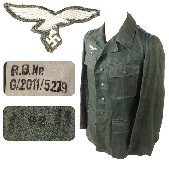 Original German WWII Luftwaffe Enlisted HBT Reed Green M43 Service Tunic with RBNr. Markings Original Items