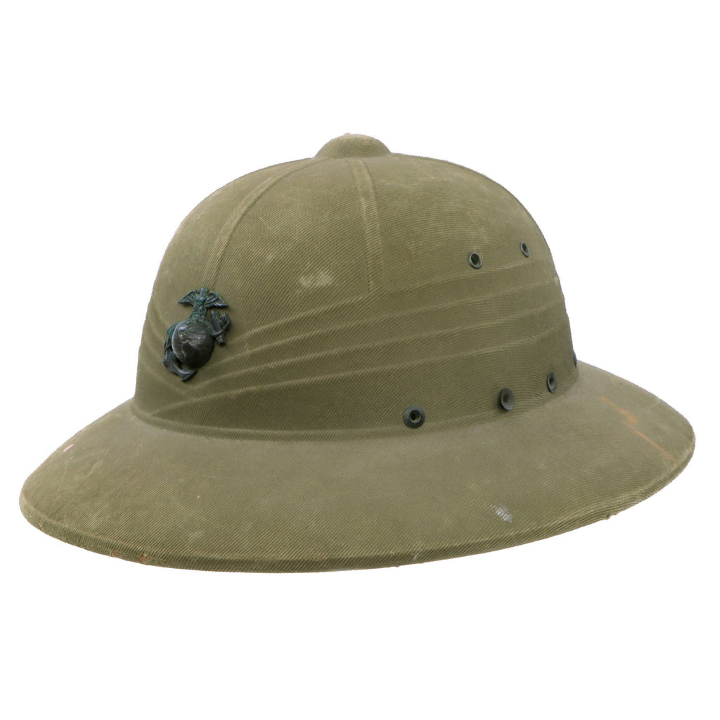 Original U.S. WWII-Era US Marine Corps Issue M-1940 Pressed Fiber Sun Helmet by Hawley - Named - Dated 1940 Original Items