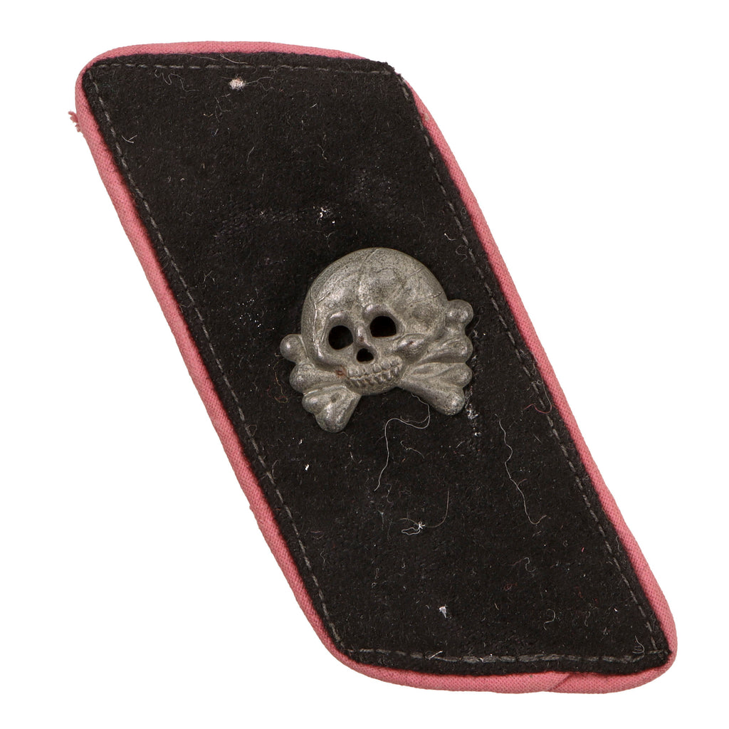 Original German WWII Heer Panzer EM/NCO Left Collar Tab with Danziger Totenkopf and Rose Pink Waffenfarbe