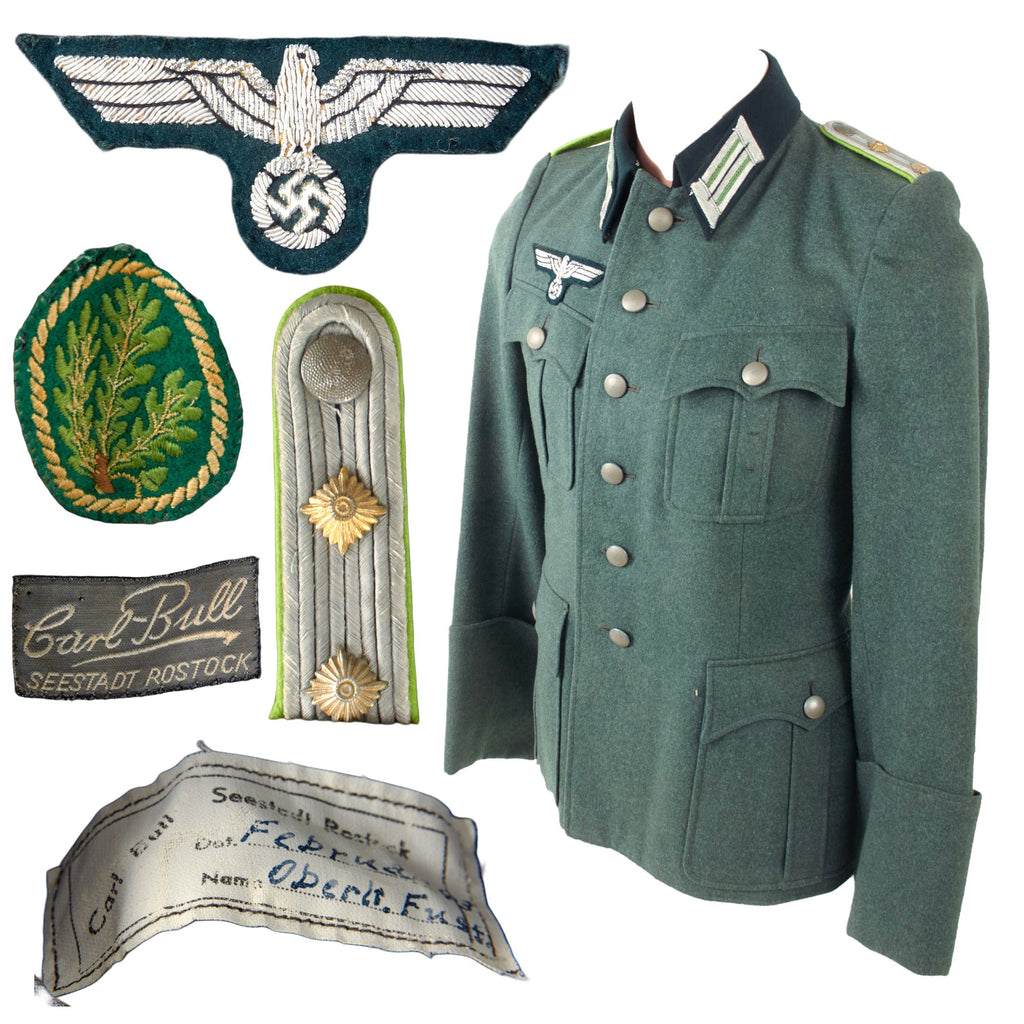 Original German WWII Named Heer Army Jäger Hauptmann Officer M36 Field Uniform Tunic by Carl Bull with Jäger Badge - Dated 1943 Original Items