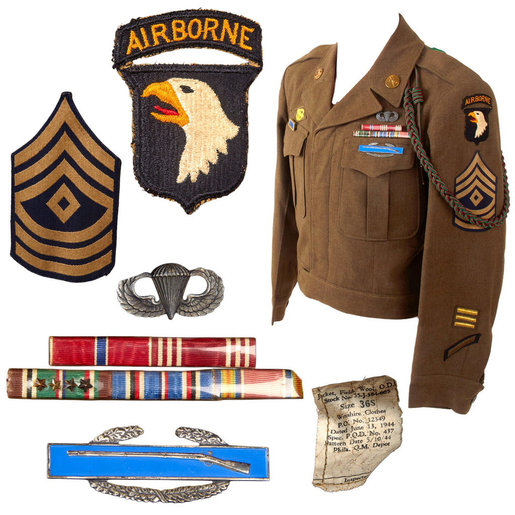 Original U.S. WWII 101st Airborne Division Paratrooper First Sergeant Uniform Ike Jacket with Bronze Star Ribbon Bar Original Items