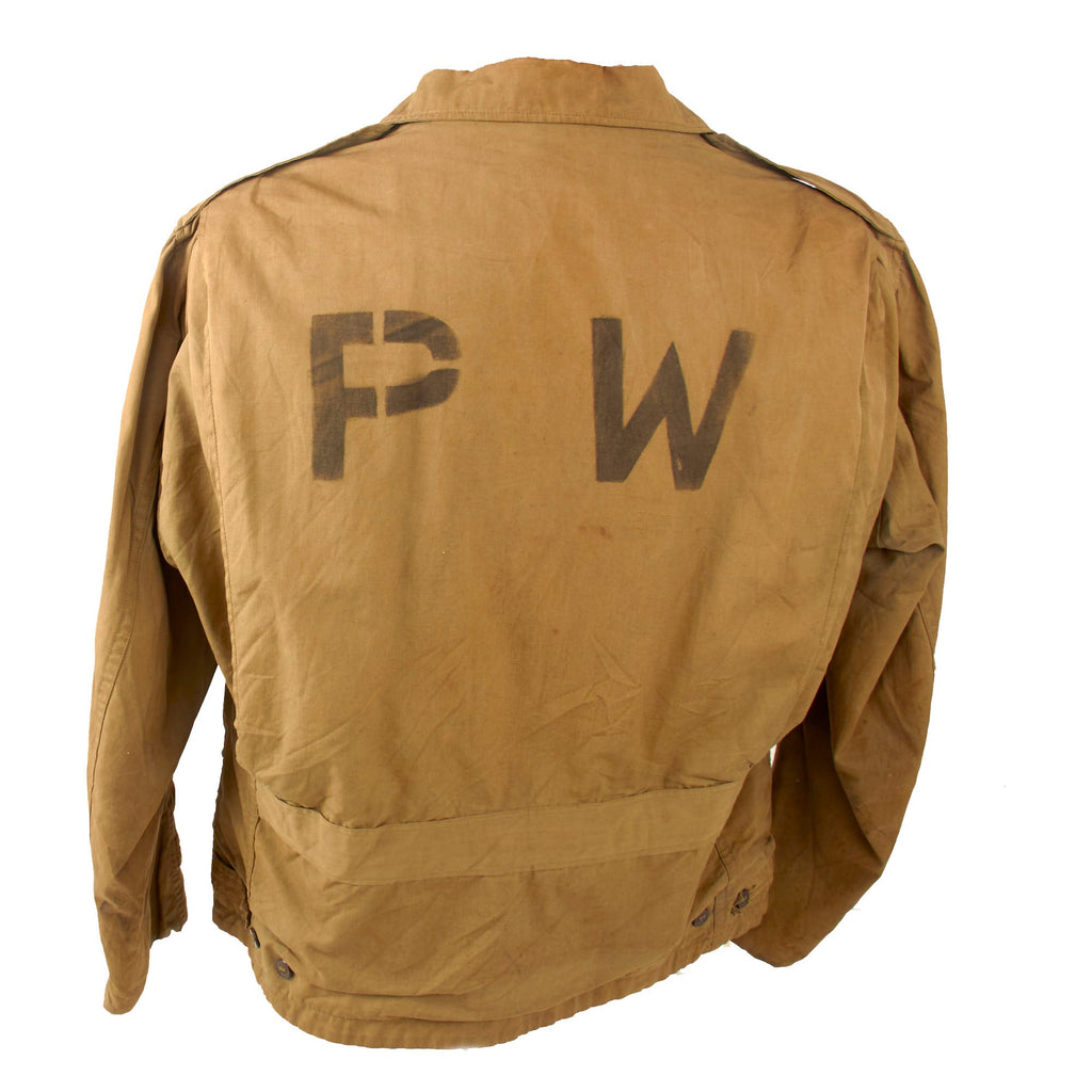 Original U.S. WWII M-1941 Field Jacket with Axis Prisoner of War PW Stenciled on Back - Marked Size XL Original Items