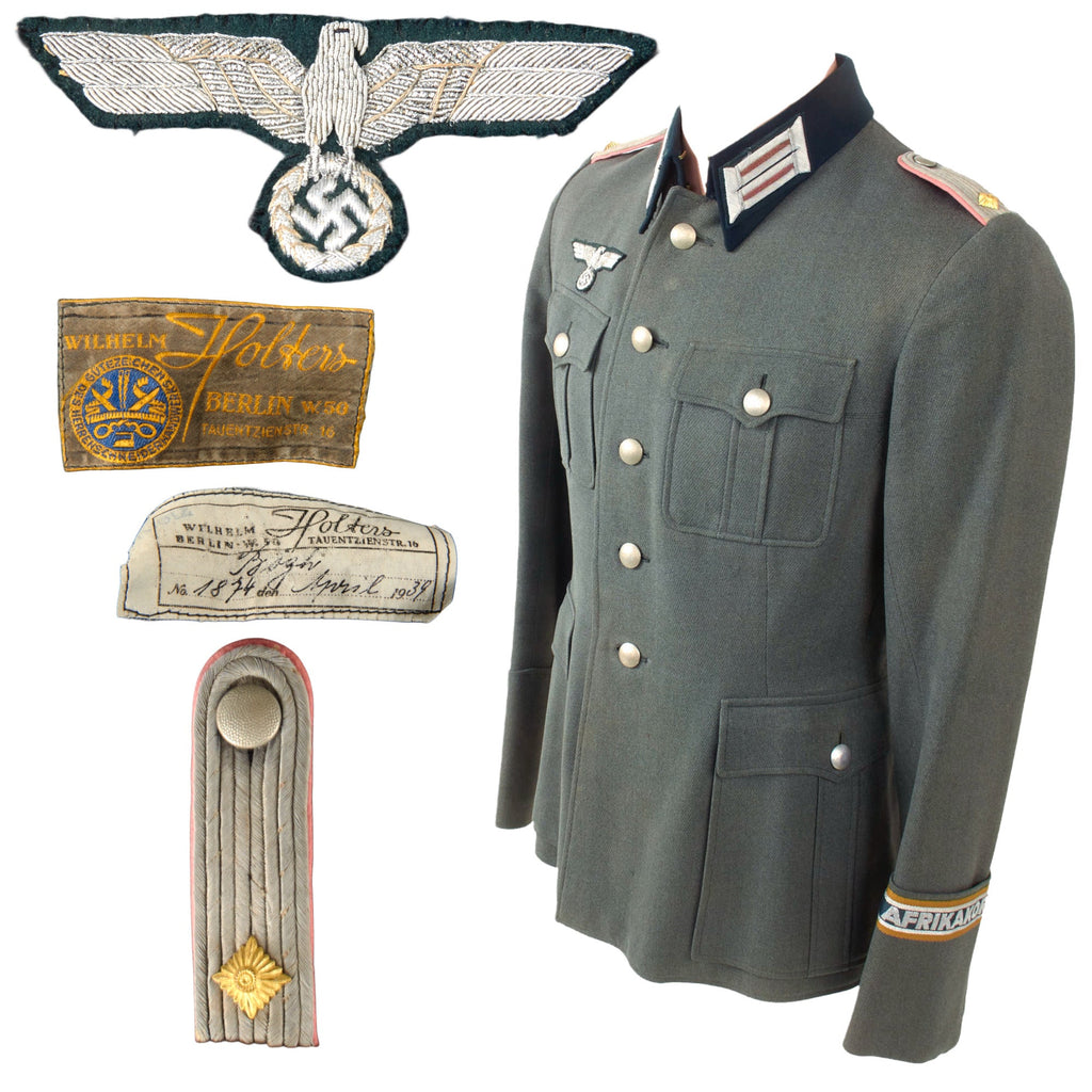 Original German WWII Named Heer Army Panzer Armored Oberleutnant Officer M36 Field Uniform Tunic by Wilhelm Holters with Afrikakorps Cuff Title - Dated 1939 Original Items