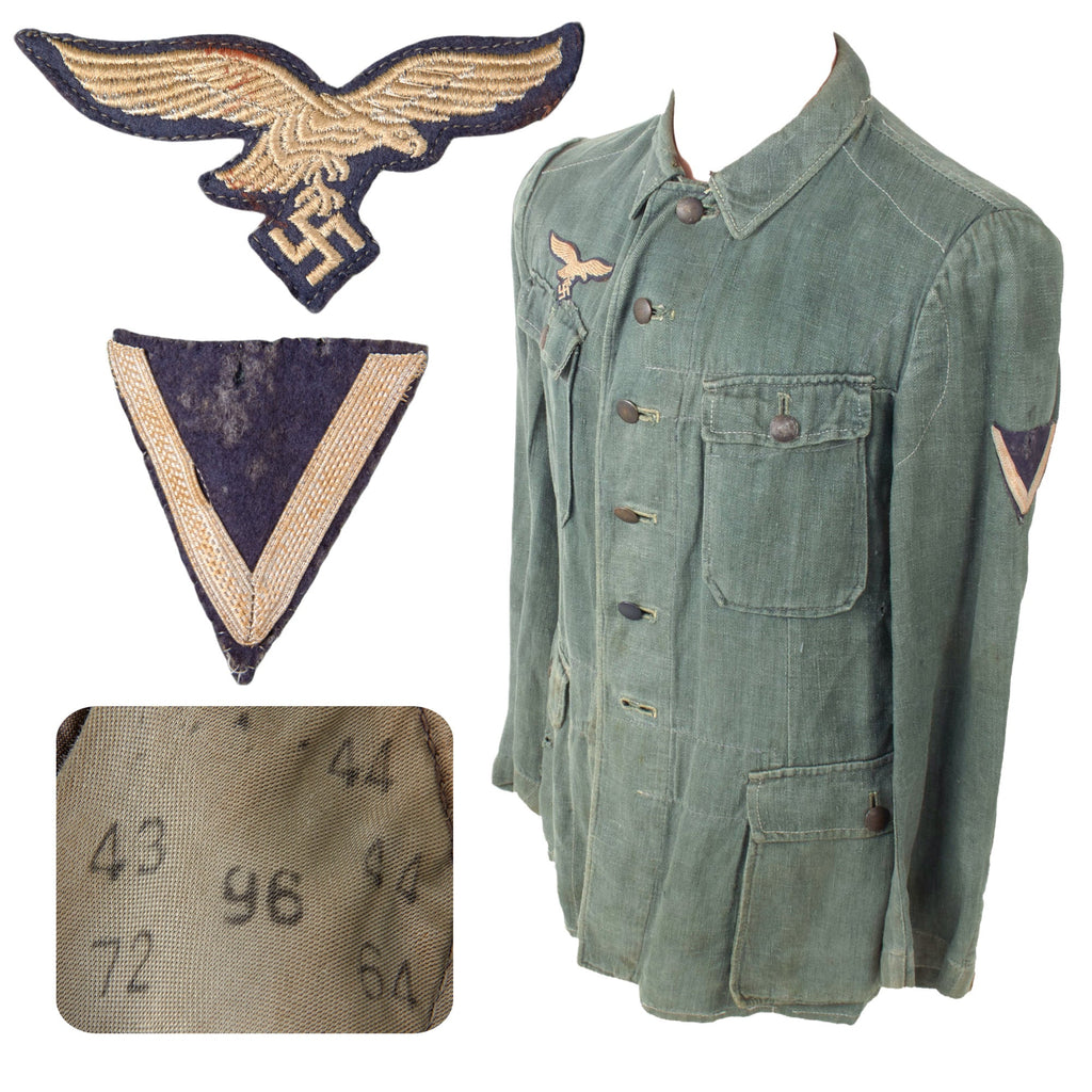 Original German WWII Luftwaffe Gefreiter HBT Reed Green M43 Service Tunic Dated 1944 - Removed Branch Insignia Original Items