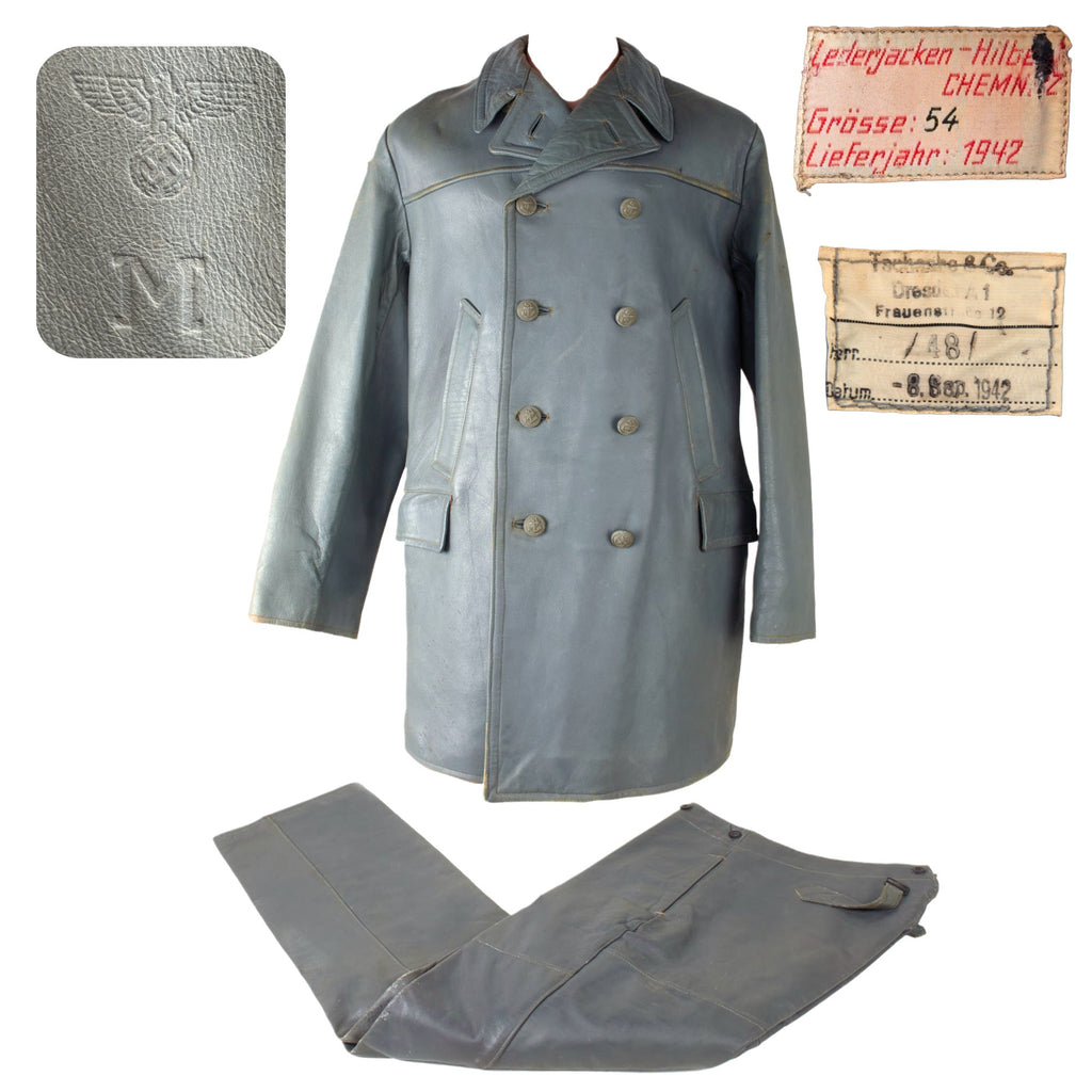 Original German Kriegsmarine U-Boat Double Breasted Leather Jacket and Trouser Set with Marineamt Embossing Markings - Dated 1942 Original Items