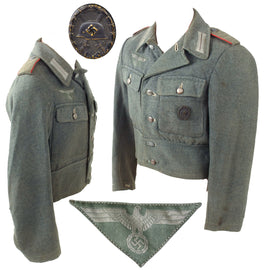 Original German WWII Heer Army Artillery Kanonier Enlisted M44 Field Grey Wool Uniform Tunic with Early Brass Black Wound Badge