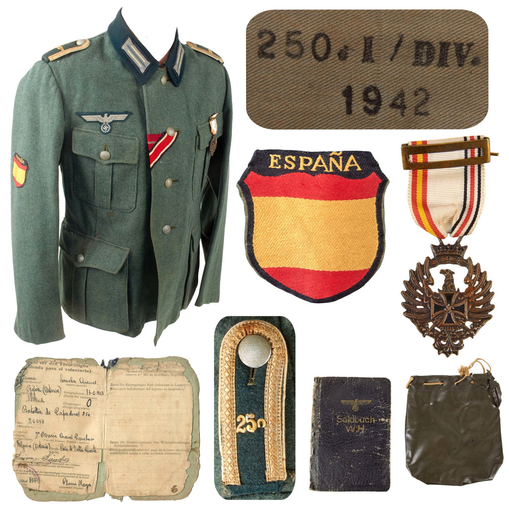Original German WWII Spanish Volunteer 250th Infantry Blue Division Unteroffizier NCO M36 Uniform Tunic with Named Soldbuch Remnant and Spanish Russian Campaign Medal Original Items