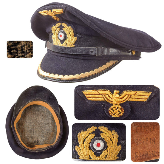 Original German WWII Kriegsmarine Navy Blue Junior Grade Officer Schirmmütze Visor Cap - Size 60 Original Items