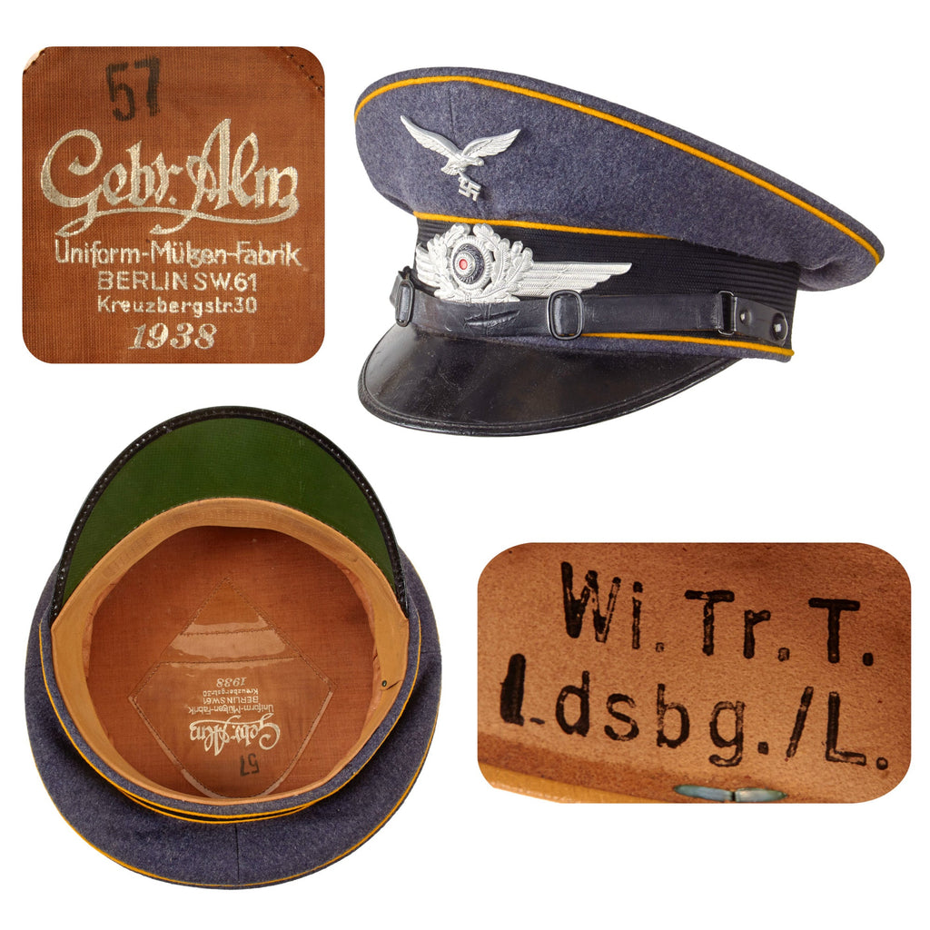 Original German WWII Unit Marked 1938 Dated Luftwaffe Flight Branch EM/NCO Schirmmütze Visor Cap by Gebrüder Alm - size 57 Original Items