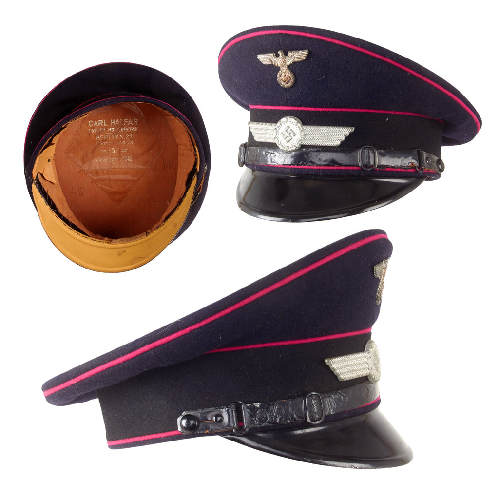 Original German WWII Luftwaffe 1940 Dated Civil Fire Brigade NCO Visor Cap By Carl Halfar in Size 55 1/2 - Partial Sweatband Original Items
