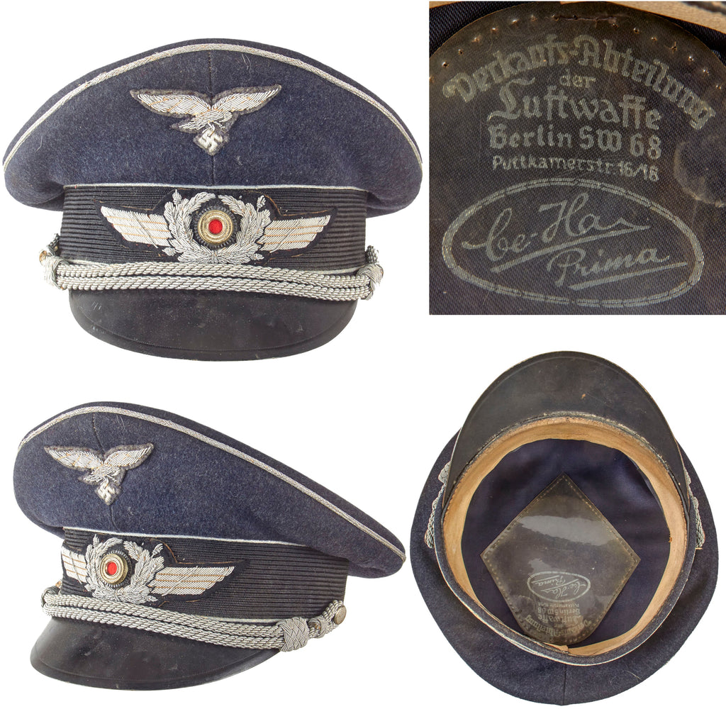 Original German WWII Luftwaffe Officer Schirmmütze Visor Cap by Ce-Ha Prima with Embroidered Bullion Insignia Original Items