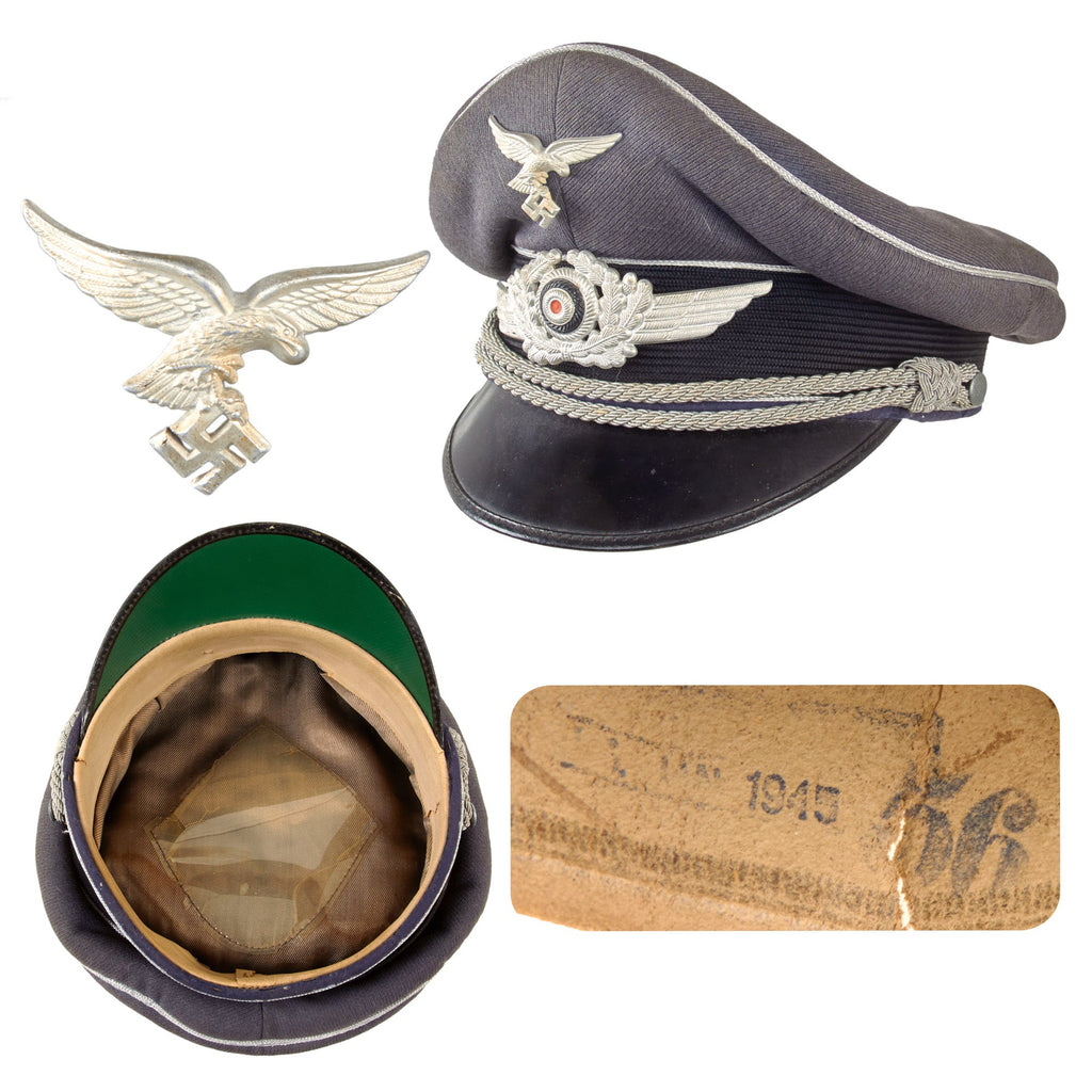 Original German WWII Luftwaffe Officer Schirmmütze Visor Crush Cap with Early "Droop-Tail" Eagle - Size 56 Original Items
