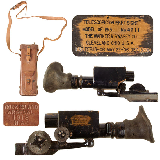 Original U.S. WWI M1903 Springfield Warner & Swasey M-1913 Sniper Scope with Mounting Bracket in 1918-Dated Leather Case - Extremely Rare Original Items