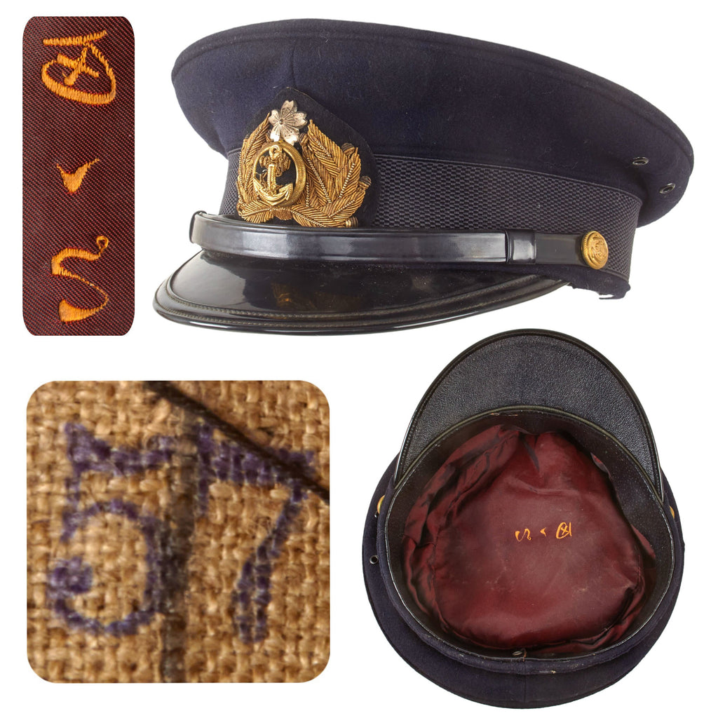 Original WWII Imperial Japanese Navy IJN Officer Visor Cap with Directly Embroidered Kanji Markings