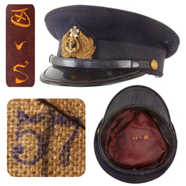 Original WWII Imperial Japanese Navy IJN Officer Visor Cap with Directly Embroidered Kanji Markings