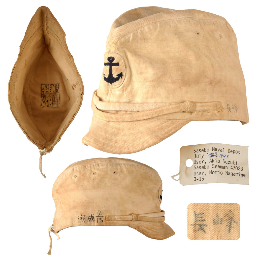 Original WWII Japanese Navy Rare White Cotton Officer’s Forage Cap Dated 1943 with Old Translation Tag Original Items