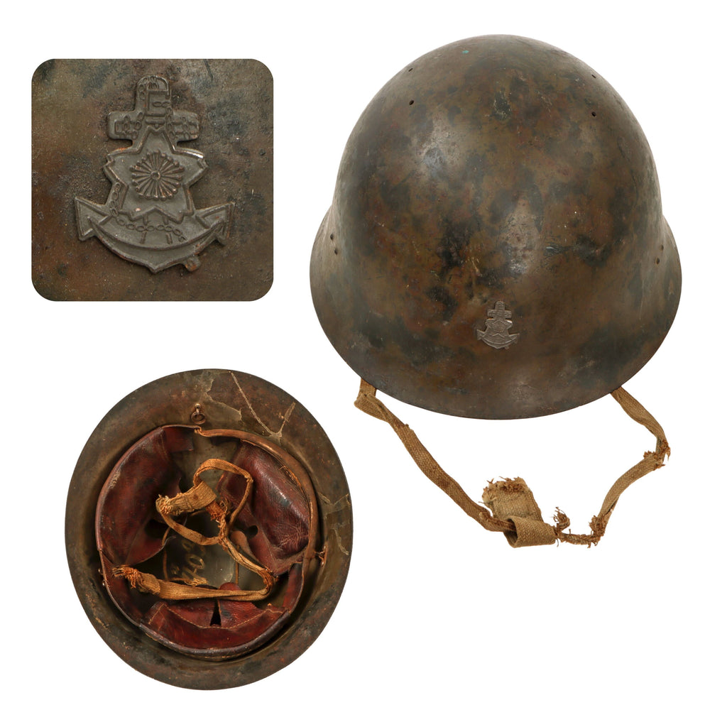 Original WWII Japanese Special Naval Landing Forces (SNLF) Helmet with Metal Badge Insignia & Liner - Partial Chinstrap Original Items