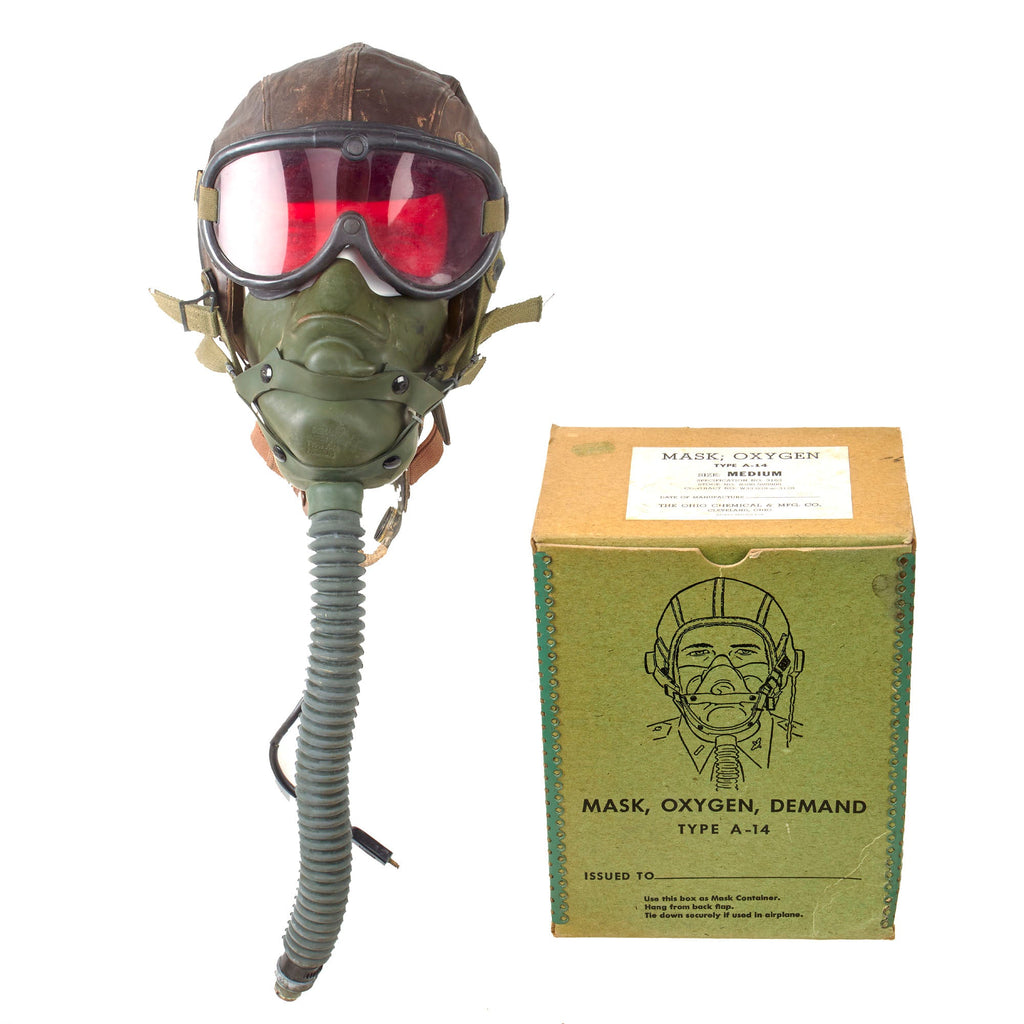 Original U.S. WWII Army Air Forces Aviator Flight Helmet Set - M-1944 Goggles, A-14 Mask with Box, A-11 Helmet, and Throat Mic Original Items