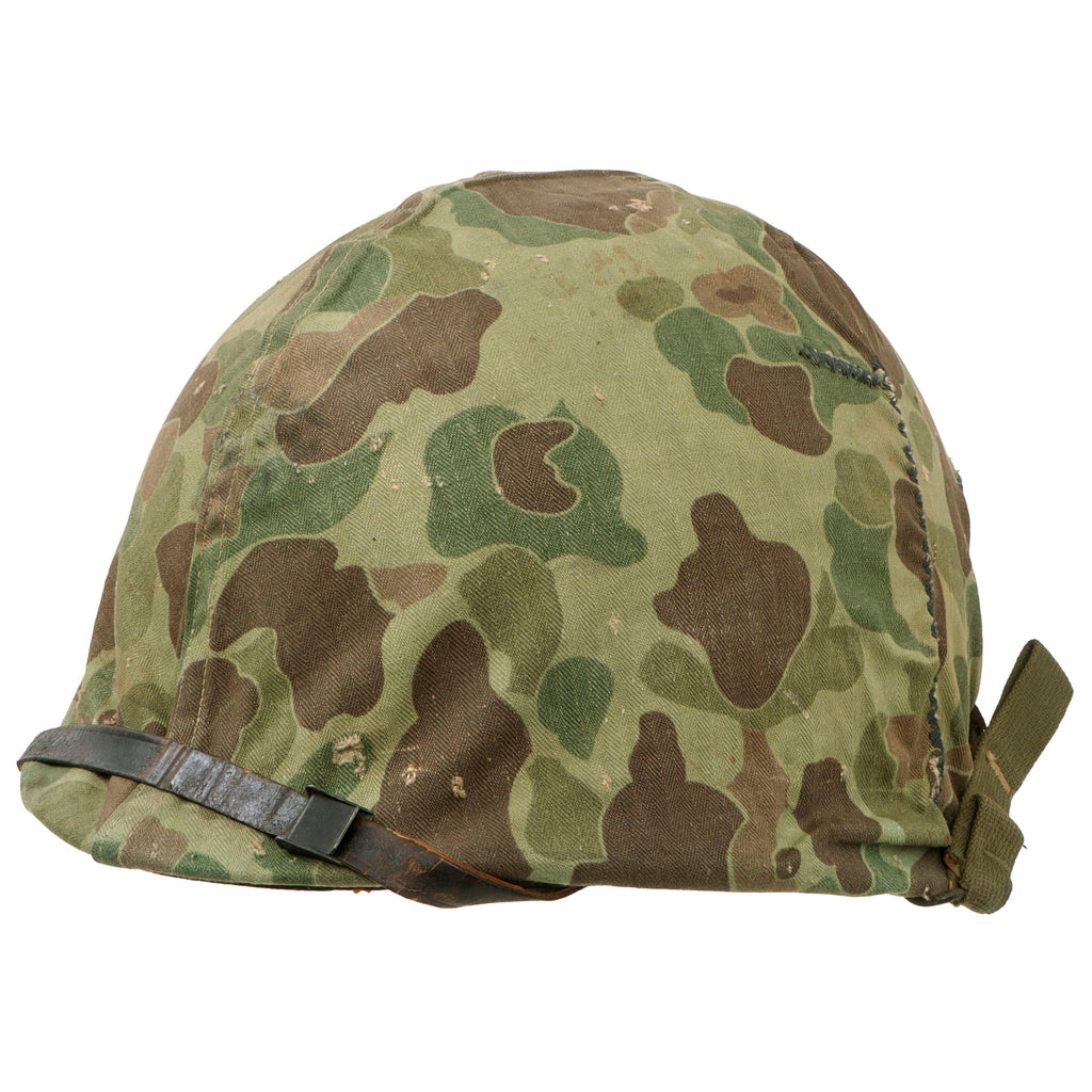 Original U.S. Korean War USMC M1 Helmet with Westinghouse / CAPAC Liner and Heavily Repaired 1st Pattern USMC Camouflage “Frogskin” Cover - Complete Original Items