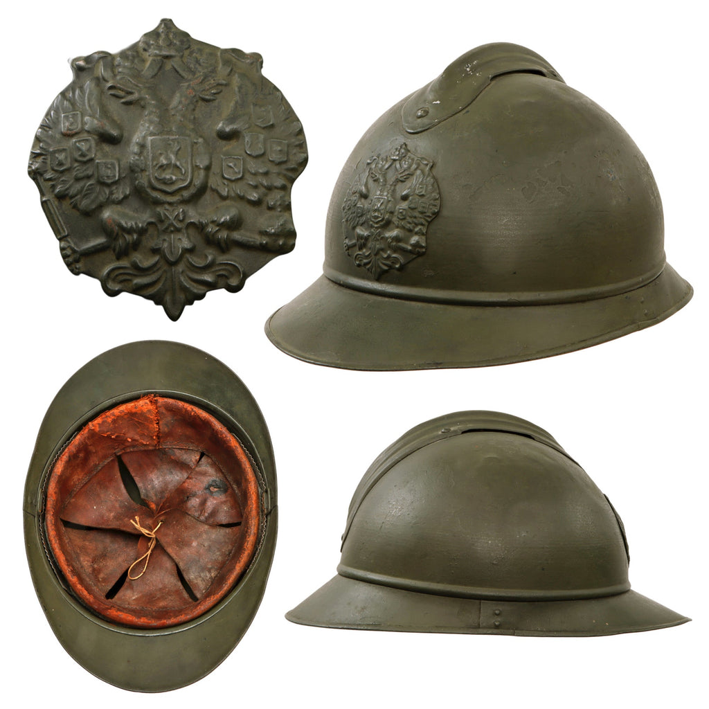 Original Rare Russian WWI 2nd Issue M-1915 French Adrian Helmet with Russian Plate & Liner - Painted Green Original Items