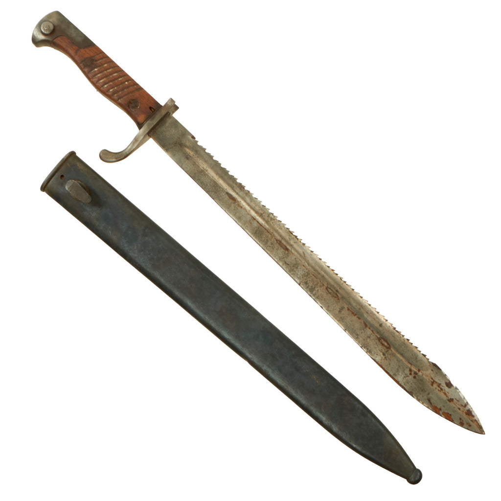 Original German WWI M1898/05 A/a Butcher Sawback Bayonet with "High Horns" by Erfurt with Scabbard - Dated 1914 Original Items